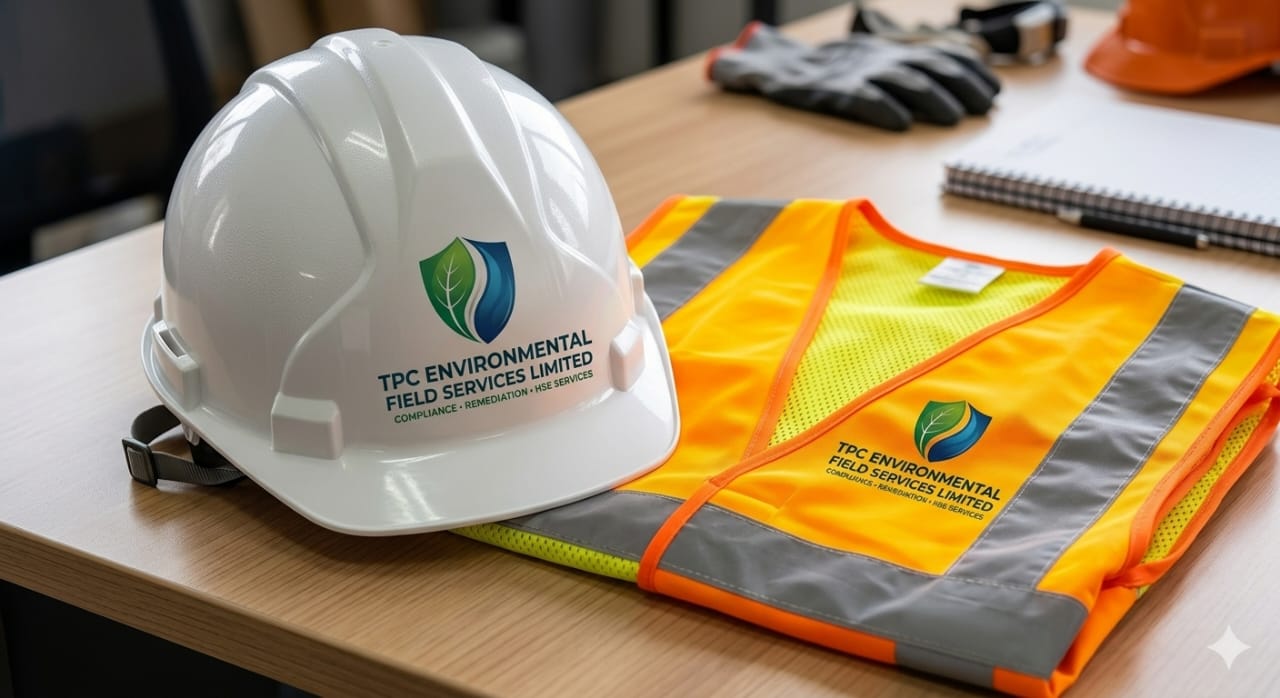 TPC-branded hard hat and high-visibility safety vest